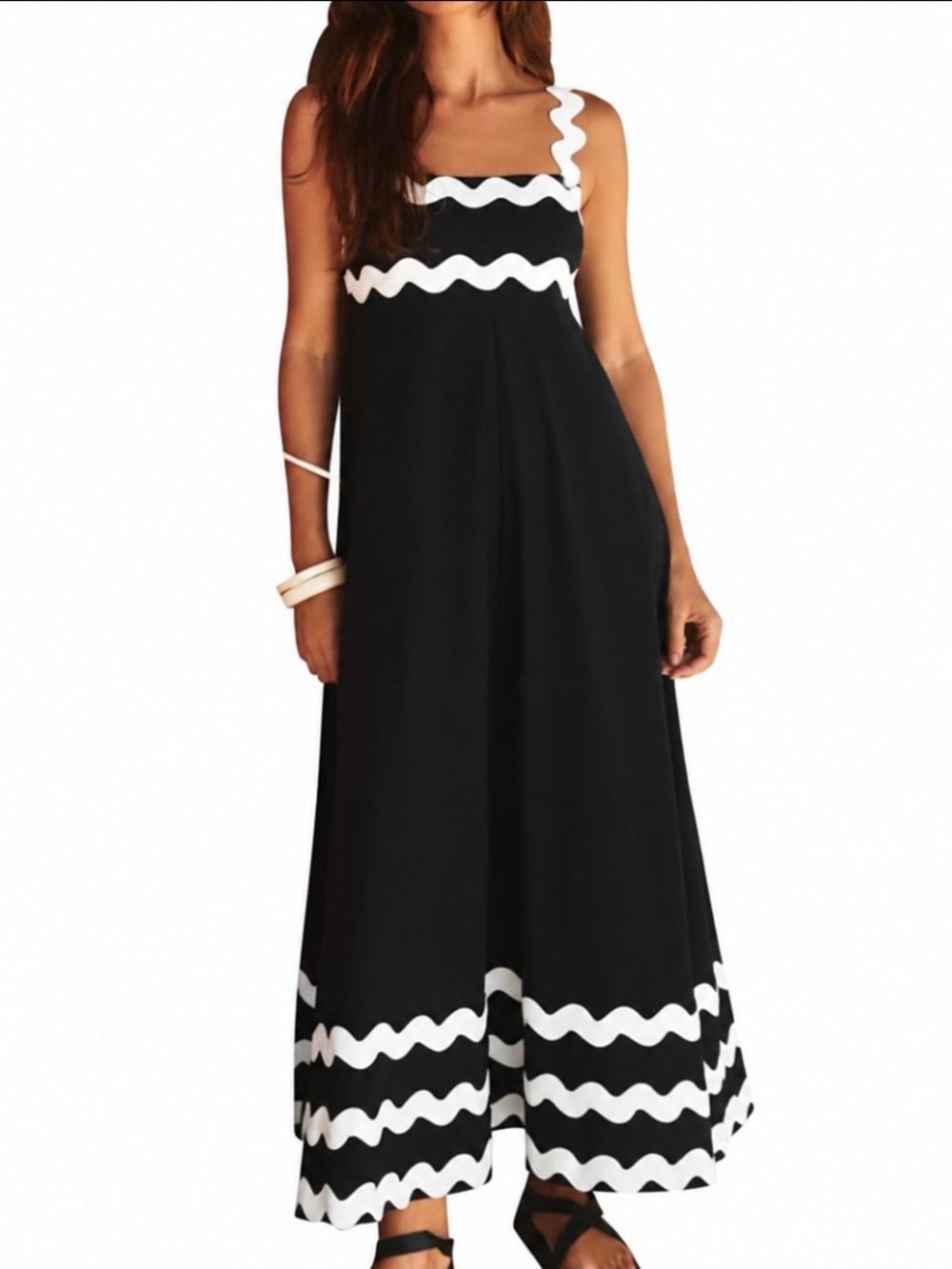 Idopip Black Maxi Dress with White Wave Trim - Size L